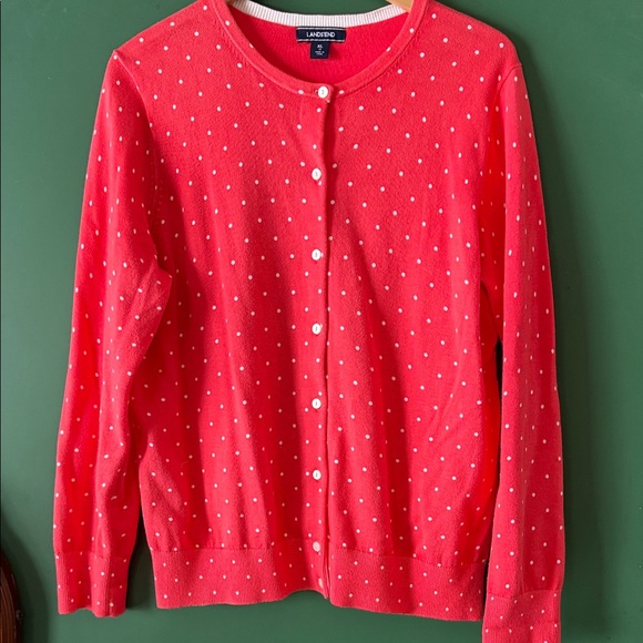 Lands' End Sweaters - Lands' End Coral & White Polka Dot Womens XL/18 Knit Cardigan Classic Preppy